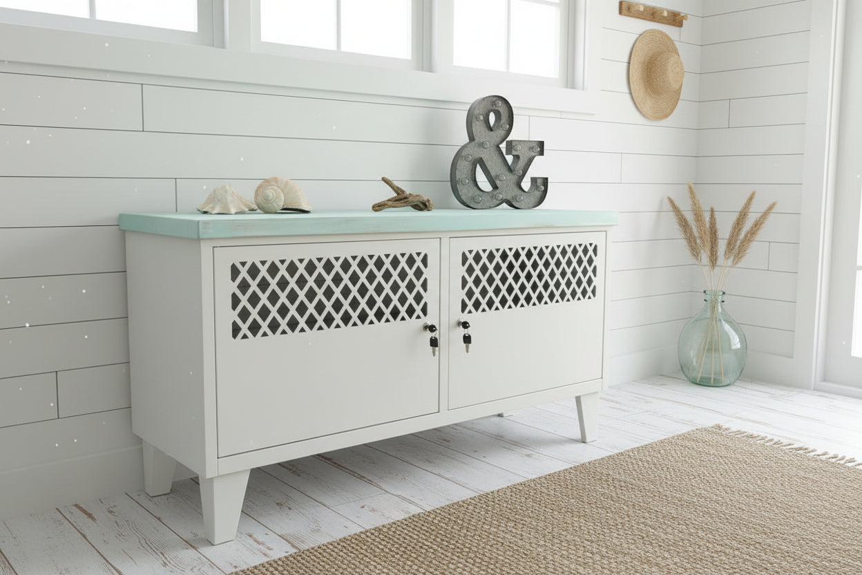 White cabinet with lattice design doors with blue T&G top in a beachy entranceway as shoe storage