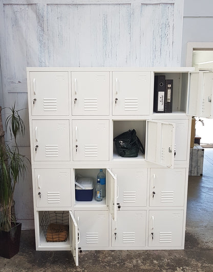 White metal 16-door staff locker with some doors open to show use