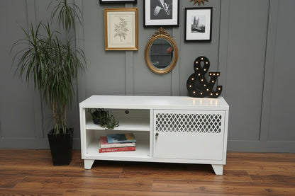 White metal TV cabinet with open display in entryway as shoe storage and display
