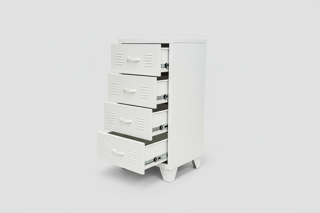 White metal 4 drawer locker-style tallboy cabinet with drawers open