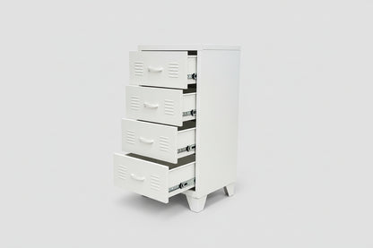 White metal 4 drawer locker-style tallboy cabinet with drawers open