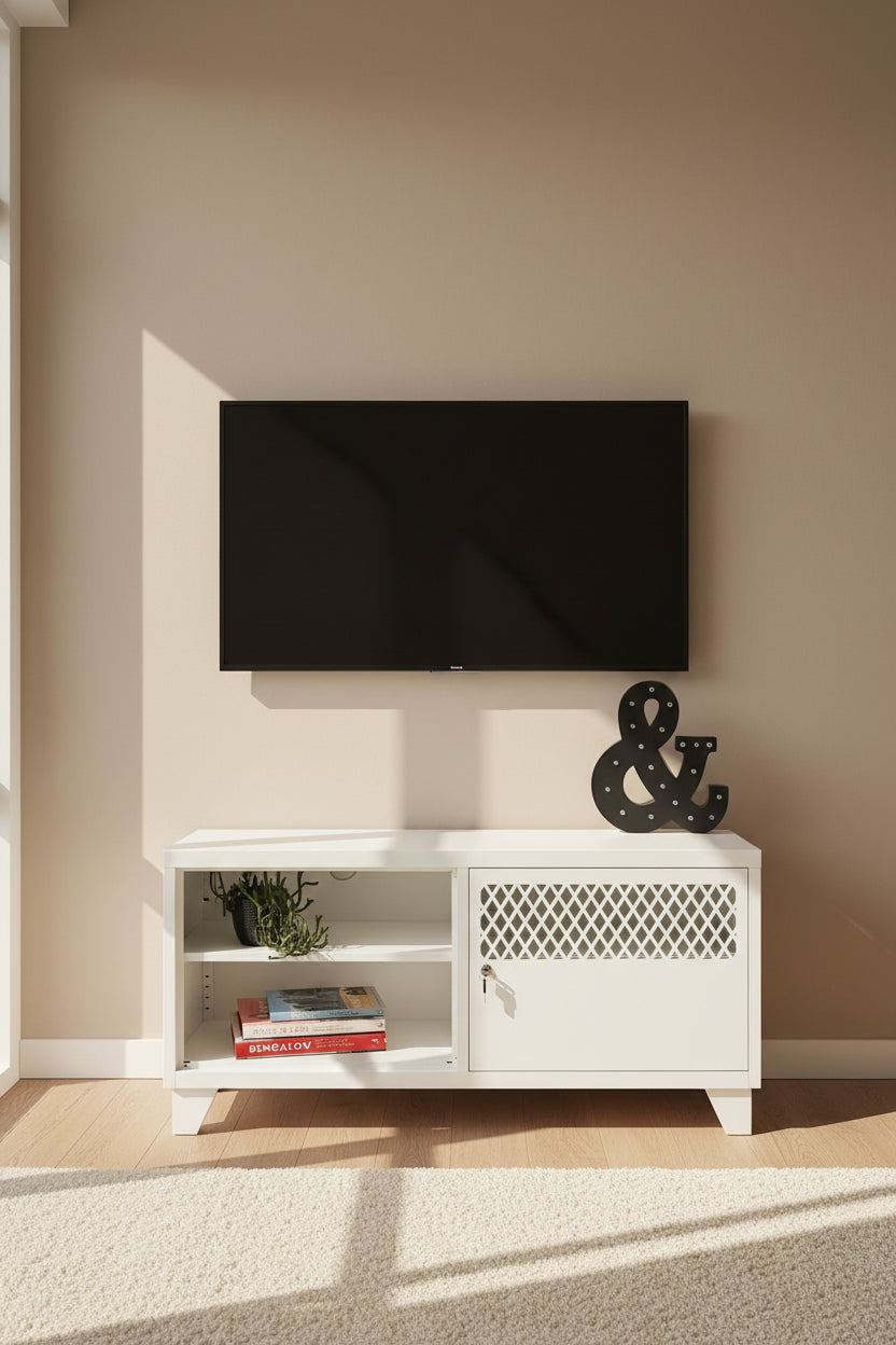 White metal TV cabinet with open display with TV above it on the wall