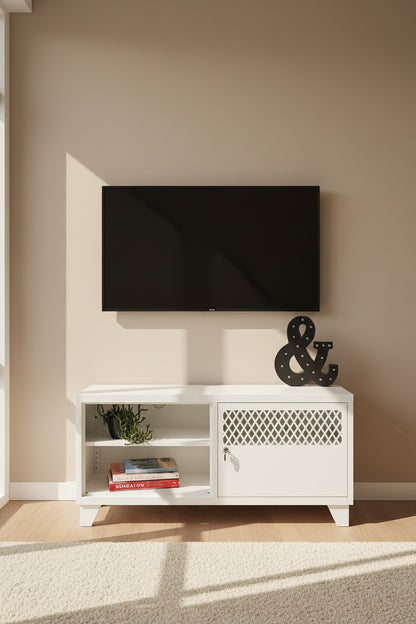 White metal TV cabinet with open display with TV above it on the wall