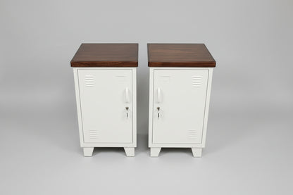 White metal bedside tables with storage and dark Oak tops