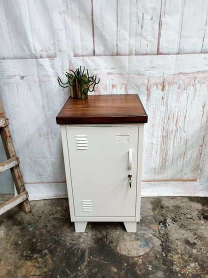White metal cabinet with dark Rimu top, left opening