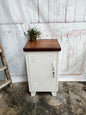 White metal cabinet with dark Rimu top, left opening