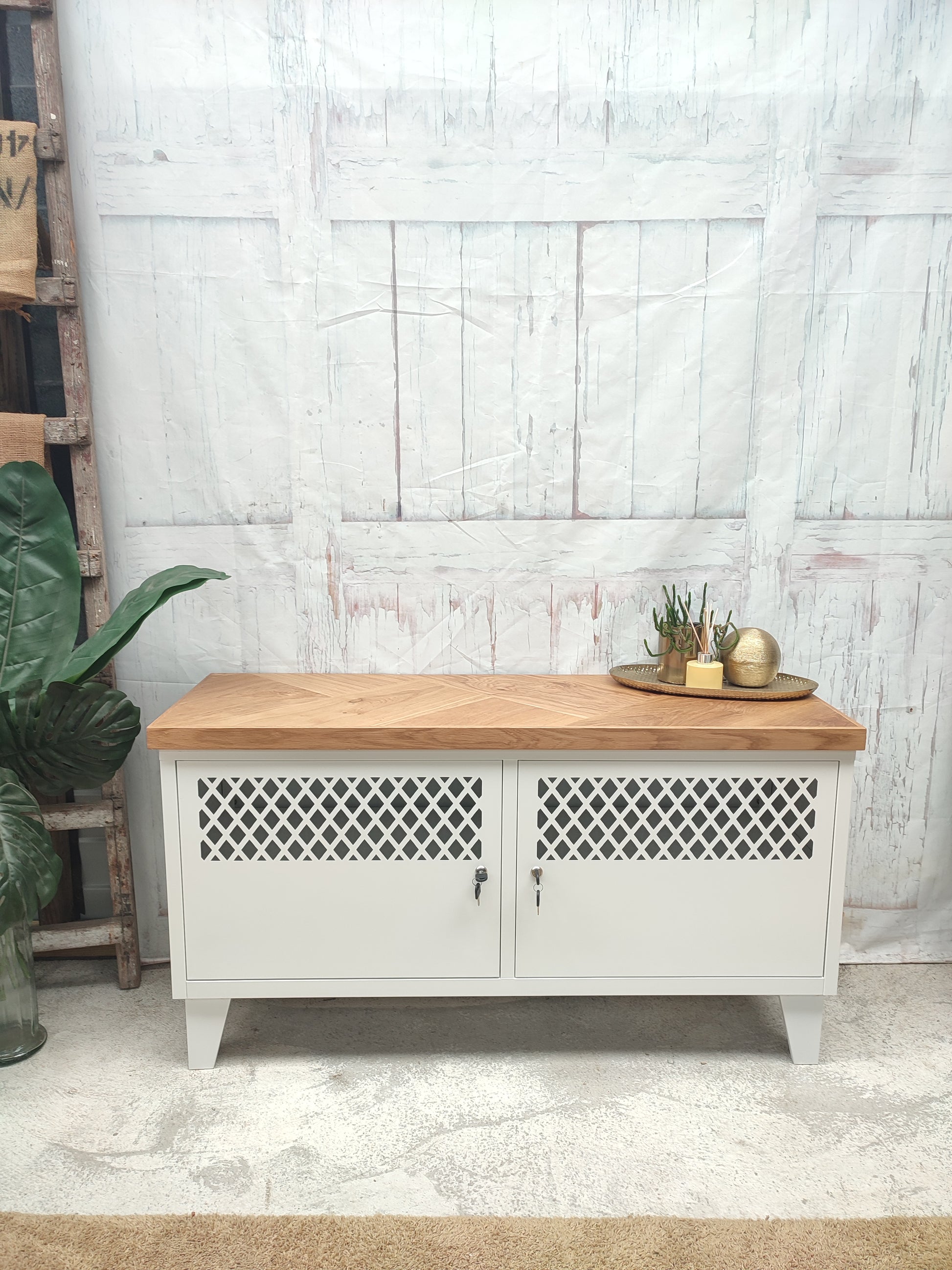 White metal cabinet with herringbone Oak top Durable powder-coated steel, Lockable storage  Herringbone Oak top