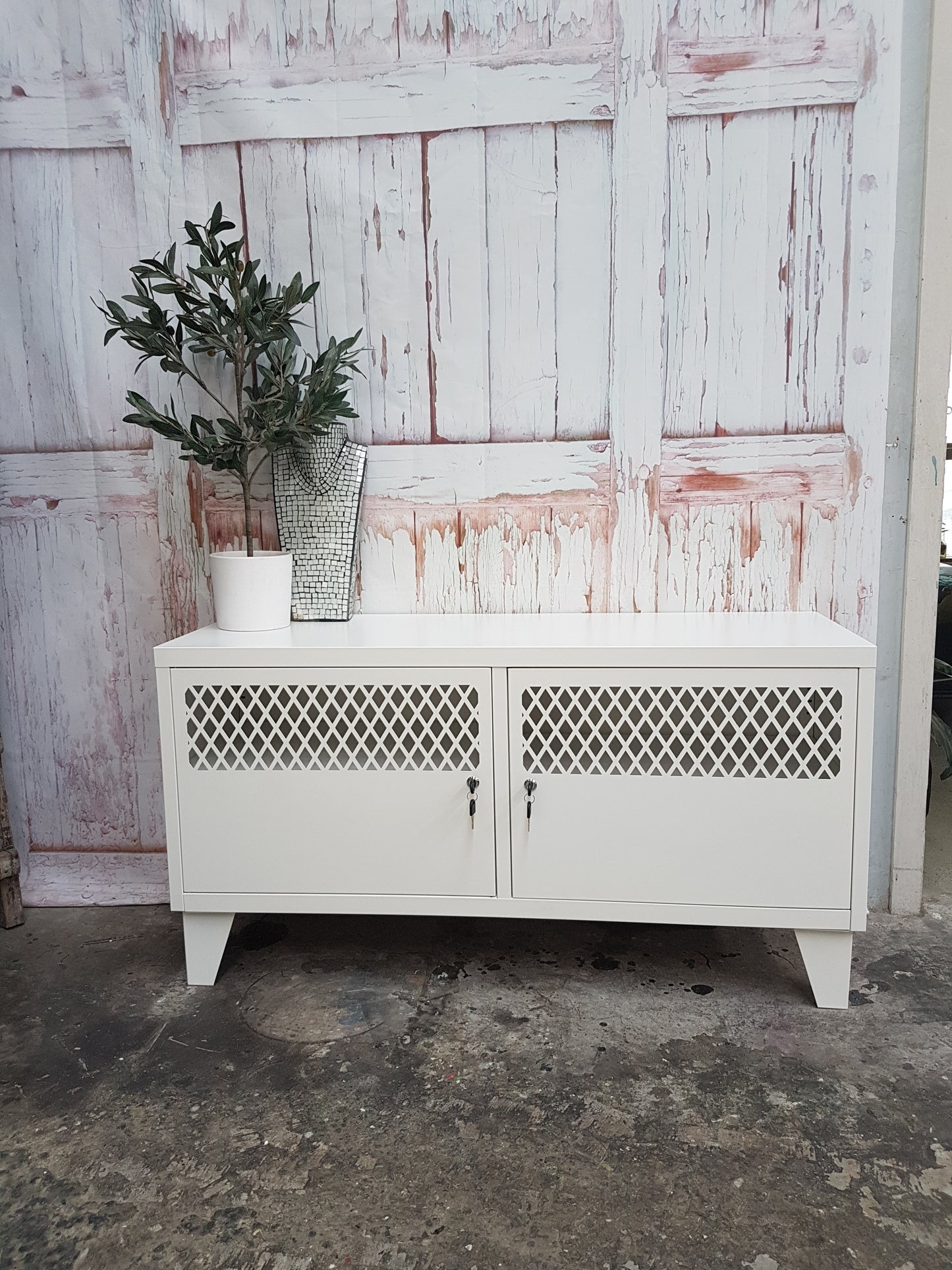 White metal industrial TV cabinet