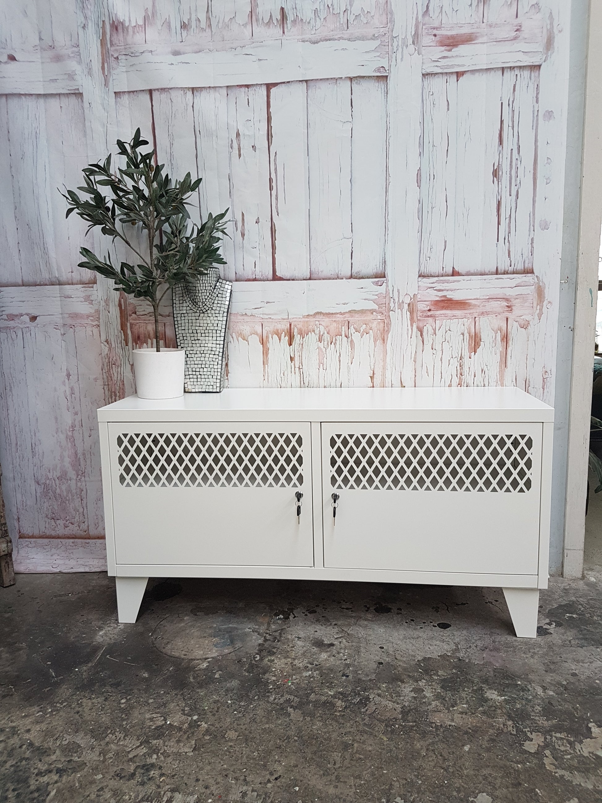 White metal industrial TV cabinet