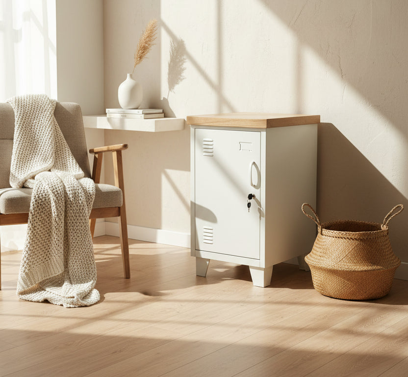 White metal locker with oak top in living room 