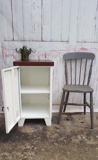 White metal mini locker cabinet with Dark oak top, door open showing adjustable shelf