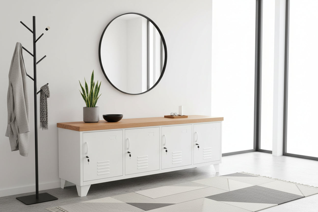 White metal storage bench with Oak top and four doors for shoe storage in the entryway