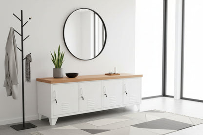 White metal storage bench with Oak top and four doors for shoe storage in the entryway