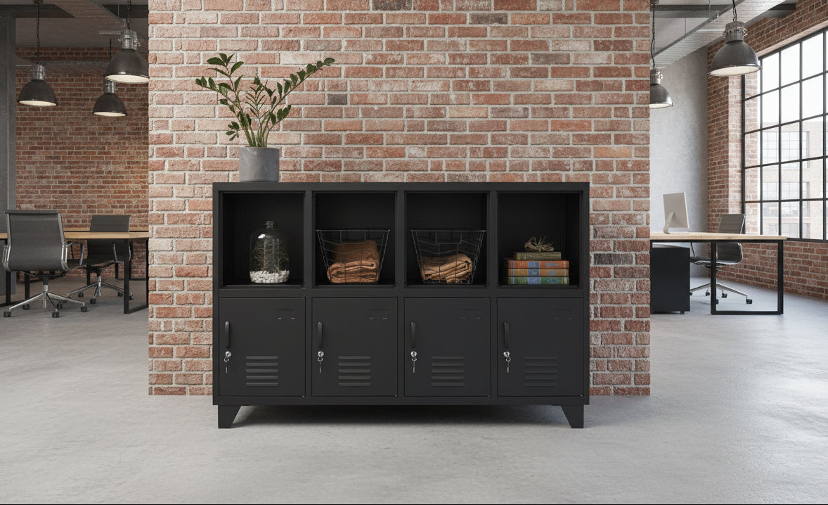 A black metal sideboard locker with display compartments, some of which are holding items like baskets and a plant.