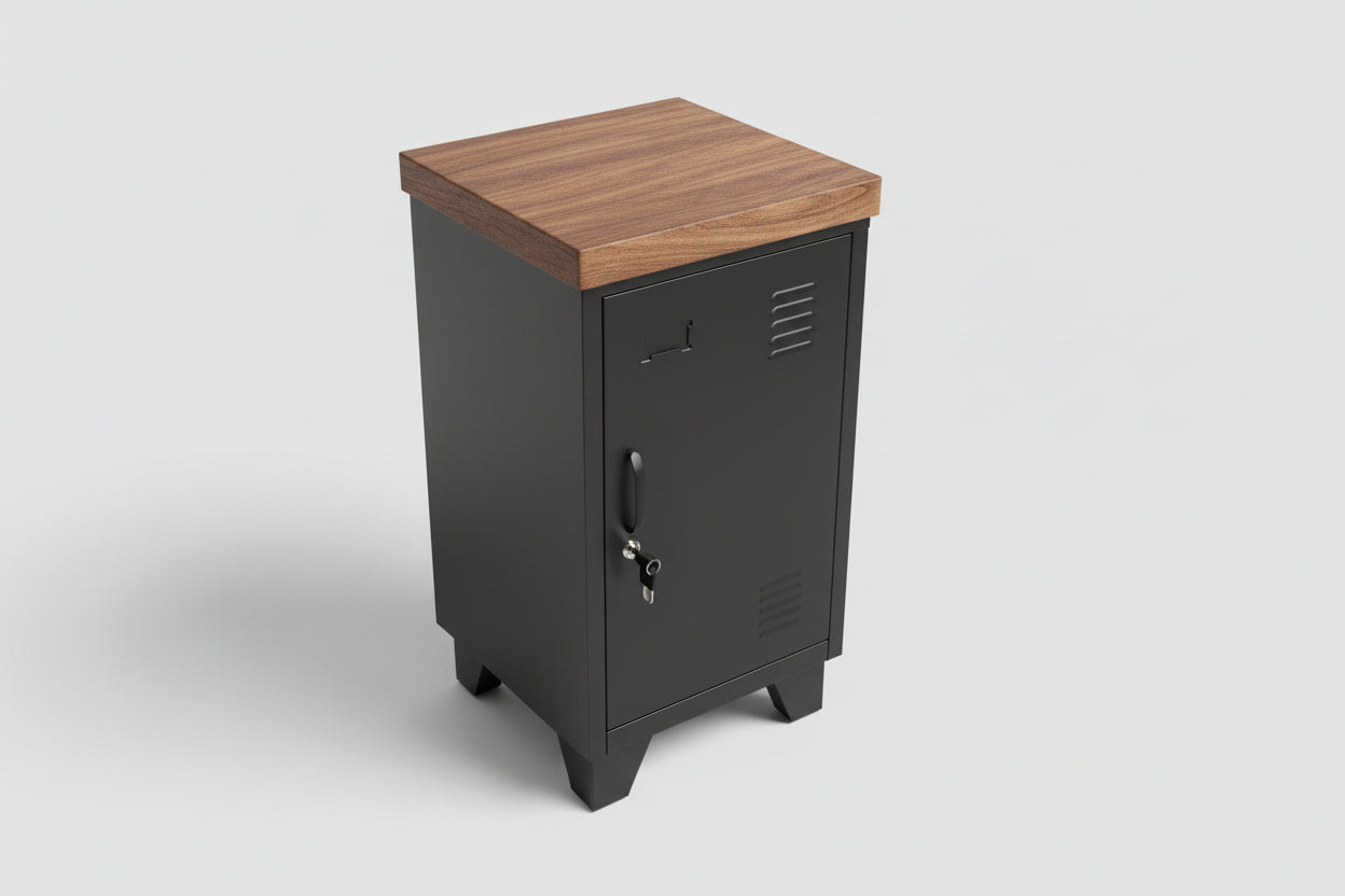 black right open locker with dark Oak top, neutral setting 