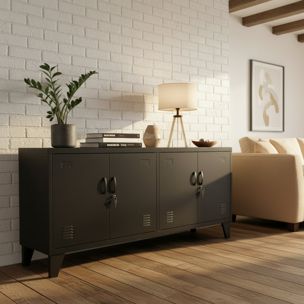 A industrial design black metal locker with four doors, mounted on a concrete floor against an old wooden door background. The locker serves as a storage unit and has a sleek design.