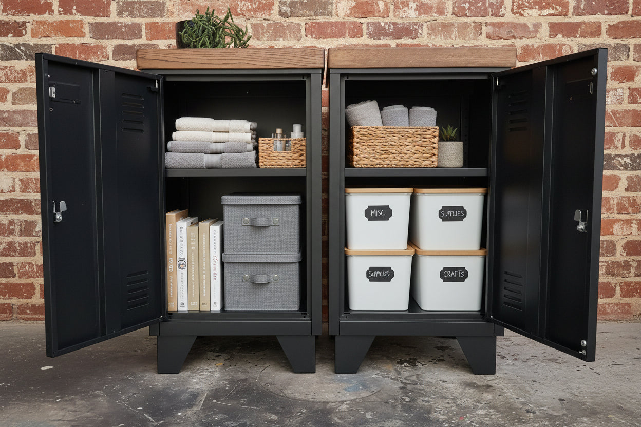pair of black lockers, dark oak tops with storage 