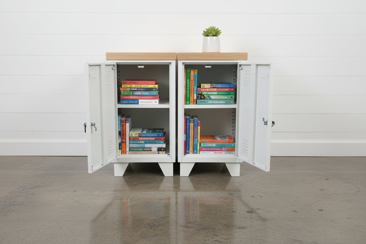 two white mini lockers with beautiful oak top shown with books inside 