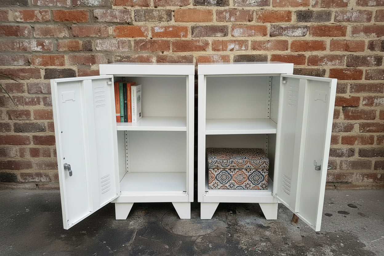 two white metal lockers with books inside 