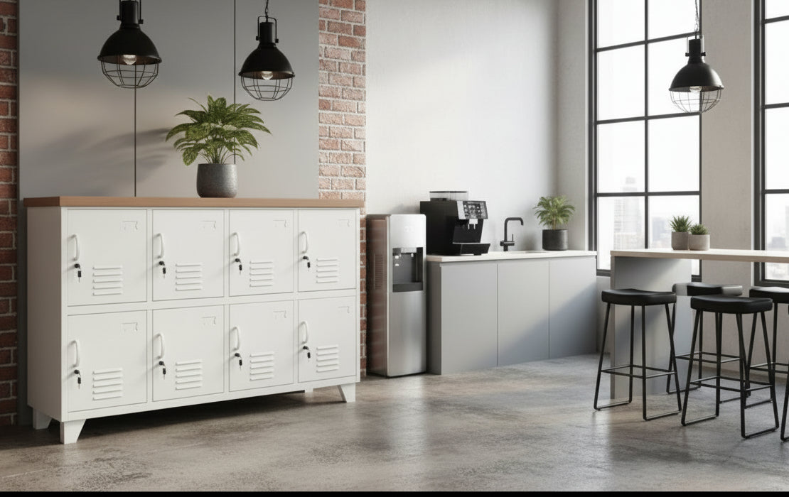 A white 8-door sideboard locker with a recycled Rimu top, featuring individual lockers and a handle on each door, set against a rustic backdrop.