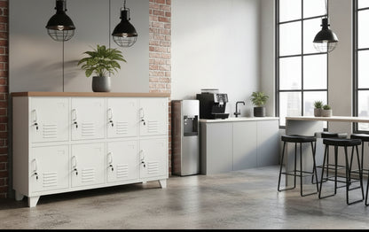 A white 8-door sideboard locker with a recycled Rimu top, featuring individual lockers and a handle on each door, set against a rustic backdrop.