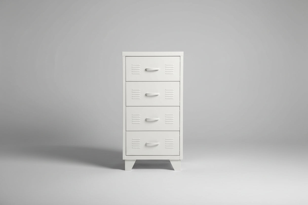 A white metal 4 drawer tallboy cabinet 