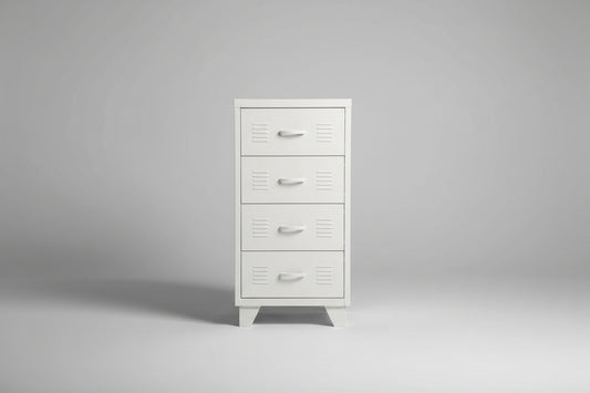A white metal 4 drawer tallboy cabinet 