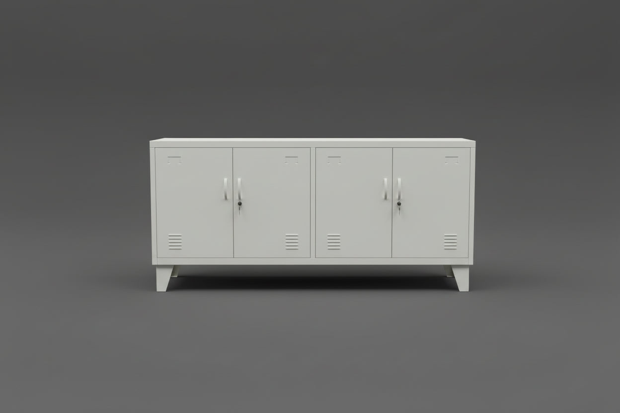 A white metal locker with four doors, mounted on feet. The locker has a sleek modern design and resembles furniture more than traditional storage equipment.