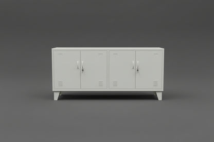 A white metal locker with four doors, mounted on feet. The locker has a sleek modern design and resembles furniture more than traditional storage equipment.