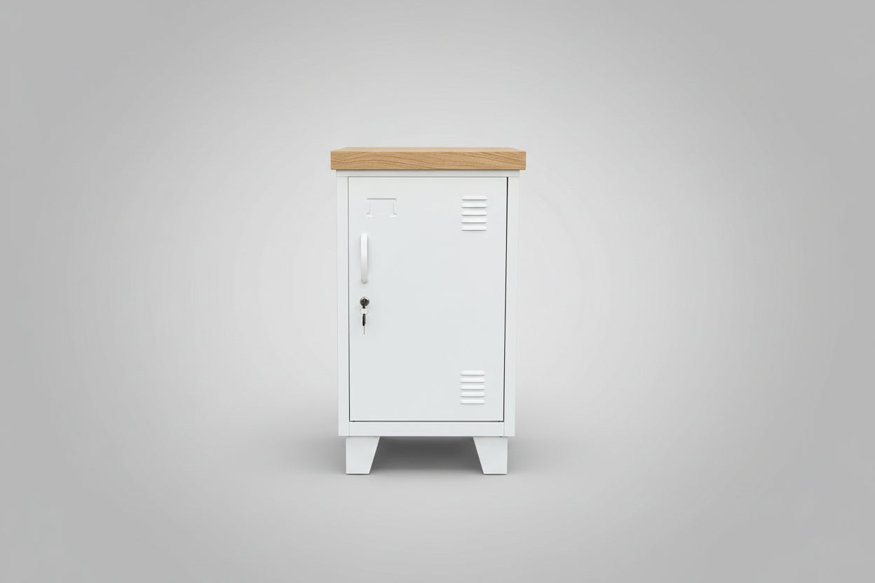 A white mini locker with an oak top, featuring a right-opening door, neutral background .