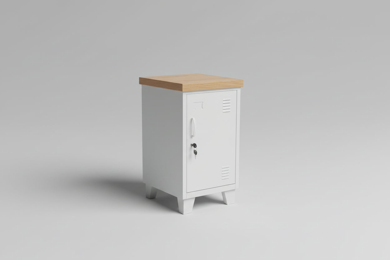 white mini locker with oak top, right opening, plain bacground