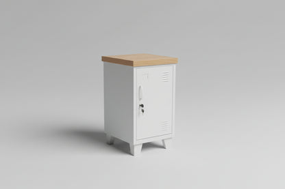 white mini locker with oak top, right opening, plain bacground